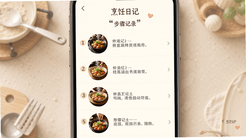 主体为“烹饪日记”步骤记录界面,布局纵向滚动,每步配有圆形缩略图和简短文字说明,排版垂直列表,风格温暖柔和,细节展示步骤序号,画质高保真,干净,无多余元素,文字加引号“步骤记录”