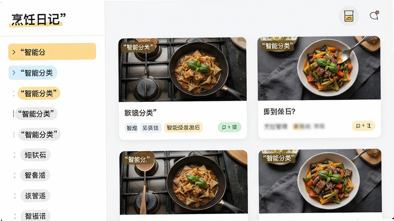 主体为“烹饪日记”分类管理界面,布局左侧为分类列表,右侧为对应的菜谱卡片,排版左右分栏,风格现代扁平化,细节展示标签高亮效果,画质清晰,干净,无多余元素,文字加引号“智能分类”