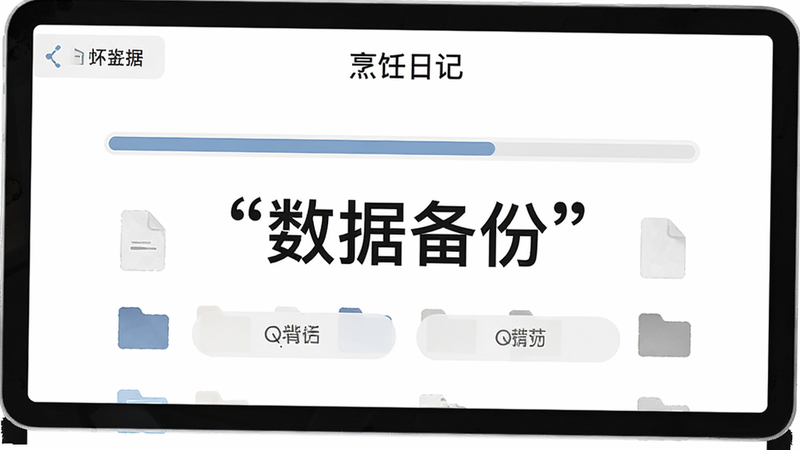 主体为“烹饪日记”数据备份界面,布局为进度条和选项按钮,排版中心对称,风格极简,细节展示文件图标,画质高清,干净,无多余元素,文字加引号“数据备份”