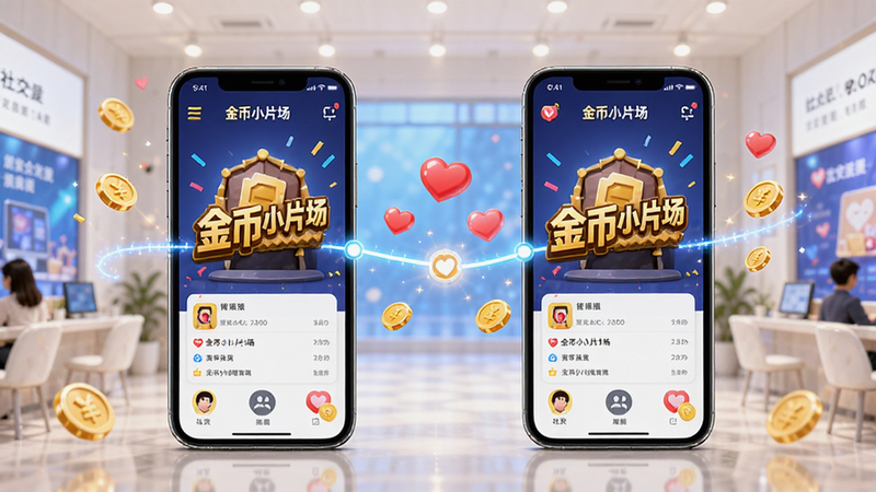 主体为两个手机屏幕并排展示“金币小片场”APP界面,中间通过一条发光的连接线条相连,线条上飘动着金币和爱心图标,背景为明亮的社交大厅场景,布局对称,排版平衡,风格欢快热闹,细节生动,画质高清,干净,无多余元素