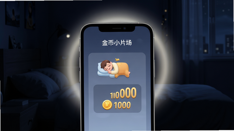 主体为手机侧边视角,背景为深色夜间卧室环境,手机屏幕微亮显示“金币小片场”APP的挂机界面,屏幕上有一个睡觉的小人图标和不断上涨的金币数字,周围环绕着柔和的月光光晕,布局简约,排版居中,风格静谧安宁,细节清晰,画质细腻,干净,无多余元素