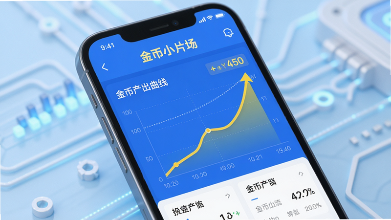 主体为手机屏幕显示“金币小片场”APP的效率统计界面,图表显示金币产出曲线呈上升趋势,背景为淡蓝色科技风,布局紧凑,排版专业,风格数据化,细节精确,画质清晰,干净,无多余元素
