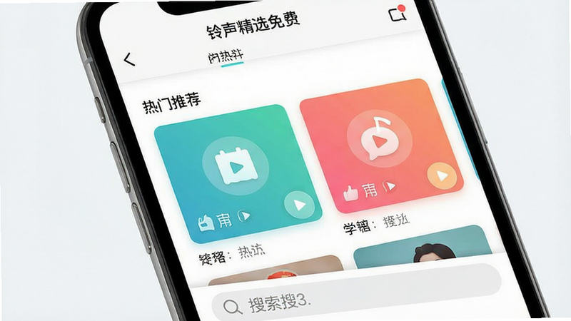 主体为手机屏幕界面,显示“铃声精选免费”APP首页,顶部导航栏清晰,中部展示热门铃声卡片列表,底部有搜索框,布局整齐,扁平化设计风格,色彩明亮清新,细节处有播放图标和高亮选中状态,画质高清,干净无多余元素,文字包含“铃声精选免费”和“热门推荐”