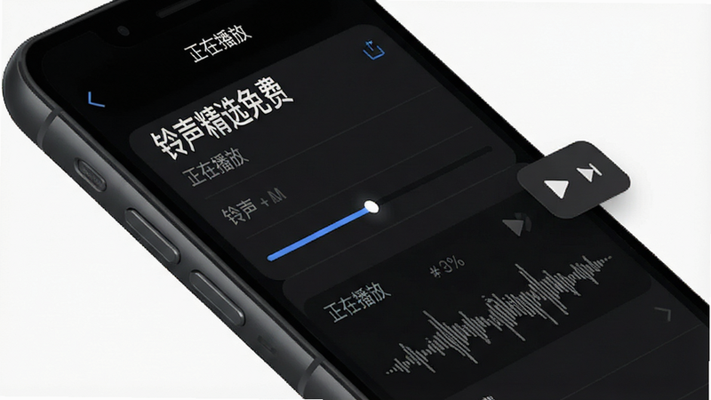 主体为手机侧边视角,屏幕显示铃声列表详情页,右侧有悬浮播放按钮,背景为深色模式,突出文字清晰度,布局紧凑,现代科技感风格,细节处有进度条和音频波形图,画质清晰,干净无杂乱背景,文字包含“铃声精选免费”和“正在播放”