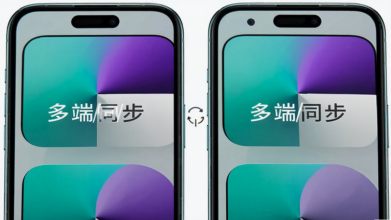 主体为两部手机并排展示,布局左右对称,排版紧凑,风格现代,细节显示两部手机屏幕内容一致,画质高保真,干净,无多余元素,文字标注