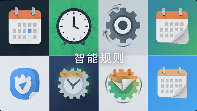 主体为软件功能图标集合,布局呈网格状,包含日历、时钟、设置等图标,排版对称,风格扁平化,细节展示齿轮转动与日历翻页动画,画质清晰,干净,无多余元素,文字标注