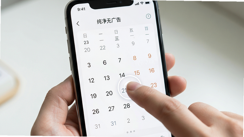 主体为手机全屏显示日历界面,布局留白充足,无侧边栏广告位,排版疏密有致,风格清新淡雅,细节展示手指点击日期交互效果,画质高保真,干净,无多余元素,文字标注