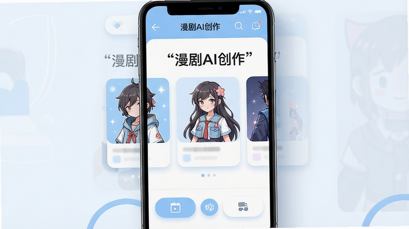 主体为手机界面展示,屏幕中央显示“漫剧AI创作”APP首页,布局清晰,顶部有导航栏,中间展示三个不同风格的动漫角色卡片,底部为功能按钮,整体排版简洁现代,扁平化设计风格,色彩以淡蓝和白色为主,细节处有柔和阴影,4k高清画质,干净无多余元素,文字加引号“漫剧AI创作”