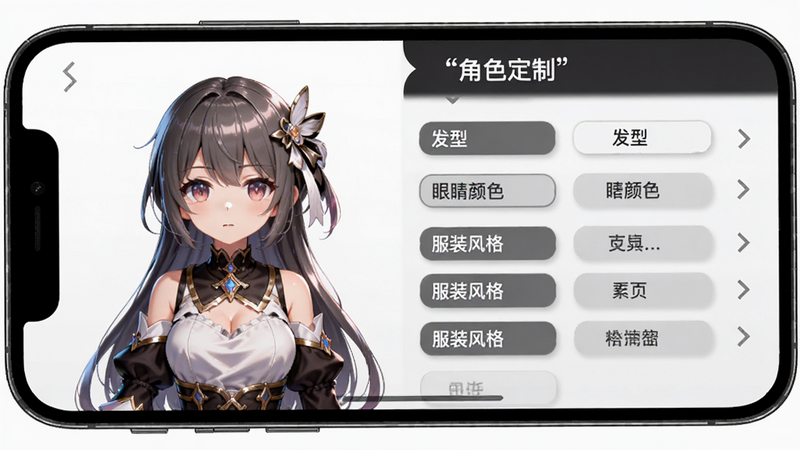 手机屏幕展示角色设定页面,左侧是一个精致的动漫少女角色立绘,右侧是详细的属性标签列表,包括发型、眼睛颜色、服装风格等选项,界面布局规整,高保真渲染,细腻的光影效果,干净背景,文字加引号“角色定制”