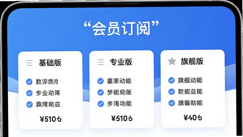 手机屏幕显示会员订阅页面,列出“基础版”、“专业版”、“旗舰版”三个套餐,每个套餐下有功能列表和价格,界面设计精美,蓝色渐变背景,白色卡片,细节处有勾选图标,高清画质,干净无多余元素,文字加引号“会员订阅”