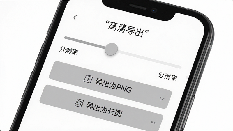 展示导出设置界面,手机屏幕上有一个滑块用于调节分辨率,下方有“导出为PNG”和“导出为长图”两个按钮,界面简洁明了,白色背景,灰色按钮,细节处有细微的图标装饰,高清画质,无杂乱元素,文字加引号“高清导出”