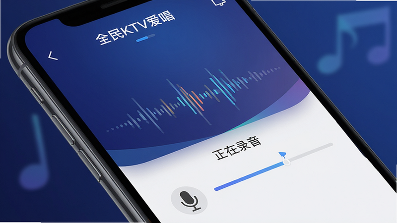 主体为智能手机屏幕特写,显示“全民KTV爱唱”APP界面,背景为柔和的深蓝色渐变,屏幕中央显示正在录制的声波动画和“正在录音”字样,布局居中,排版简洁现代,风格为科技感与温馨感结合,细节丰富,显示麦克风图标和录制进度条,画质高清,干净无多余元素