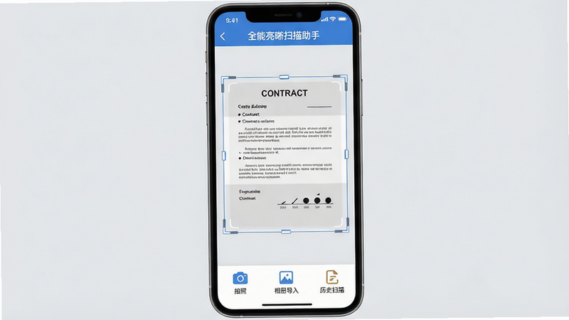 一张高清手机界面截图,主体显示“全能亮晰扫描助手”App的主界面,界面中央展示一份正在被扫描的合同文档,文档边缘有智能裁剪框,顶部标题栏清晰显示软件名称,底部有三个功能图标:拍照、相册导入、历史扫描。整体风格为现代简约扁平化设计,背景为浅灰色,高亮显示扫描区域,画质干净,无多余水印,4k分辨率,细节丰富。