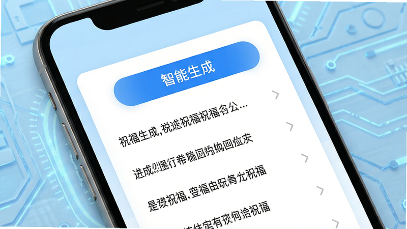 手机应用界面截图,显示一个白色卡片区域,上面有“智能生成”按钮,下方列出几行生成的祝福语文本,背景为浅蓝色科技感纹理,布局清晰,排版整齐,风格现代简约,细节清晰,画质高清,干净无多余元素