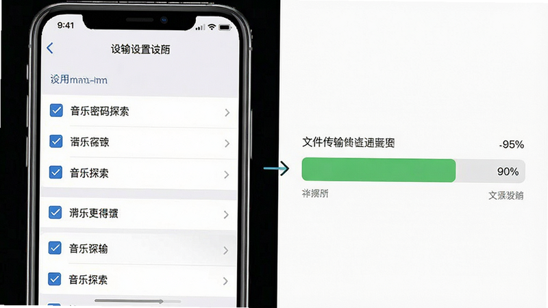主体为手机设置界面与文件传输过程示意图,布局左右分栏,左侧为设置选项,右侧为传输进度条,排版整洁,风格为实用主义,细节显示勾选框和进度百分比,画质高清,干净,无多余元素,文字包含