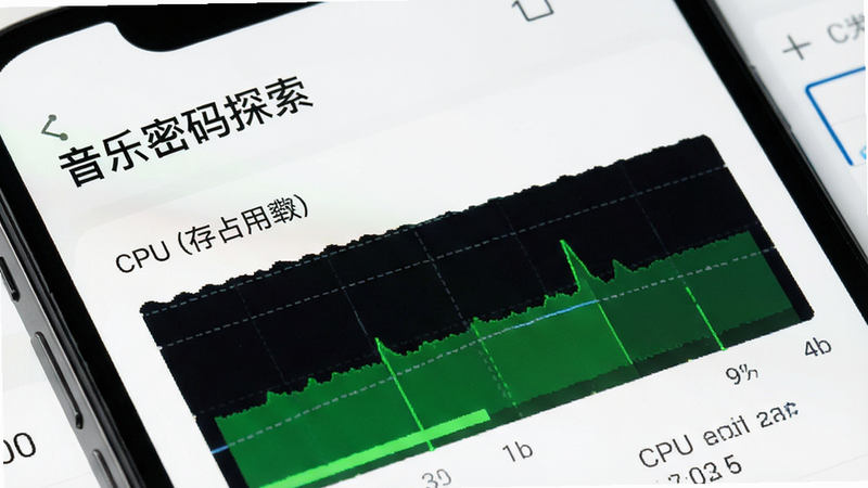 主体为手机性能监控界面,布局显示CPU和内存占用率极低,排版清晰直观,风格为数据可视化图表,细节显示绿色低负载状态,画质高清,干净,无多余元素,文字包含