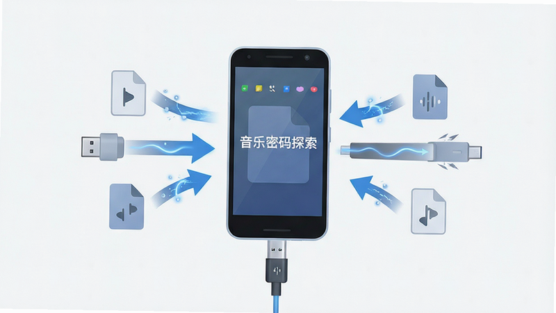 主体为安卓手机连接USB存储设备示意图,布局中心为手机图标,周围环绕文件传输箭头,排版简洁现代,风格为极简主义,细节显示数据流动效果,画质高清,干净,无多余元素,文字包含