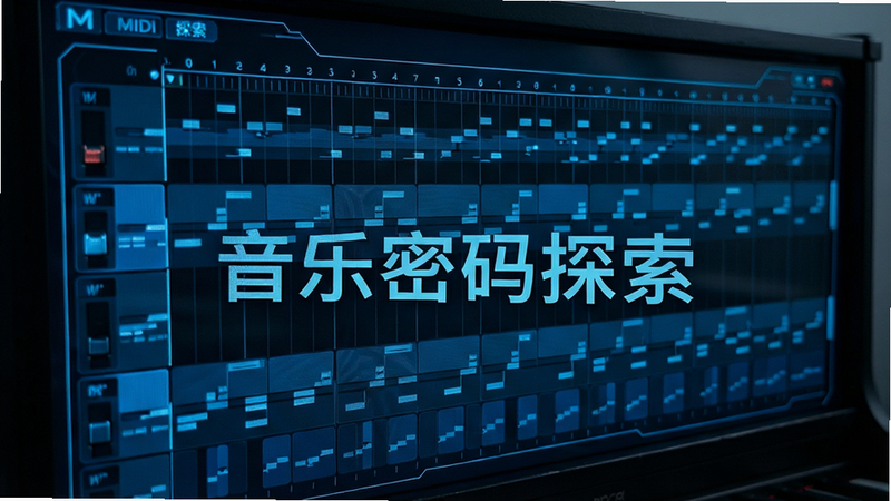 主体为MIDI钢琴卷帘窗特写,布局展示多轨道音符排列,排版紧凑有序,风格为科技感蓝黑配色,细节显示时间轴网格和音符块,画质超清,干净,无多余元素,文字包含