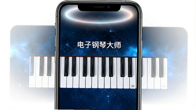 一张高清晰度的智能手机正面特写,屏幕中显示着“电子钢琴大师”的应用界面,界面中央是黑白分明的88键钢琴键盘,背景为深蓝色星空,屏幕上方有柔和的光晕效果,整体风格现代、科技感强,画质4k,干净无杂物