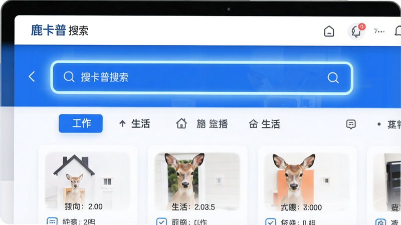 鹿卡普搜索界面,顶部搜索框高亮显示,下方展示多个分类标签,如“工作”、“生活”,界面清爽,蓝色主色调,UI设计现代,高清
