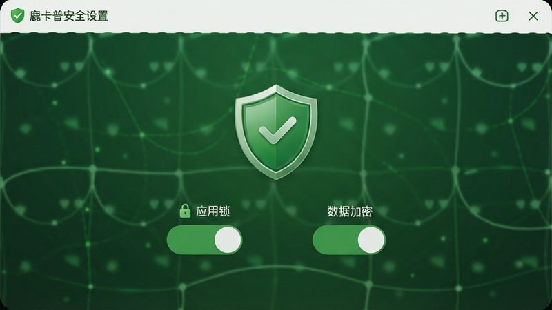 鹿卡普安全设置界面,显示“应用锁”、“数据加密”开关,盾牌图标居中,绿色安全色调,界面简洁,高清