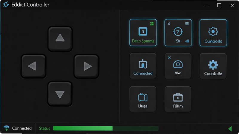 主体为Eddict Controller软件界面,布局为左侧虚拟手柄方向键右侧功能按键,排版整齐对称,风格为深色极简科技风,细节包括高亮显示的按键映射状态和底部连接状态栏,画质清晰干净无多余元素,文字显示