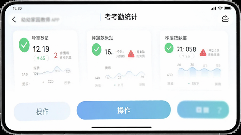 主体为幼幼家园教师APP的考勤统计界面,布局为顶部数据概览加底部操作按钮,背景为白色,排版现代简约,风格商务且易用,细节包含绿色成功图标和红色警示图标,画质清晰,干净无干扰,文字显示为'考勤统计'