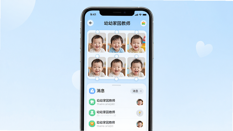 主体为幼幼家园教师APP的高清界面展示图,布局采用中心构图,背景为柔和的浅蓝色渐变,屏幕中显示幼儿笑脸照片墙和消息列表,排版整齐清晰,风格清新可爱且专业,细节处包含圆角按钮和图标,画质高清4k,干净无多余元素,文字显示为'幼幼家园教师'