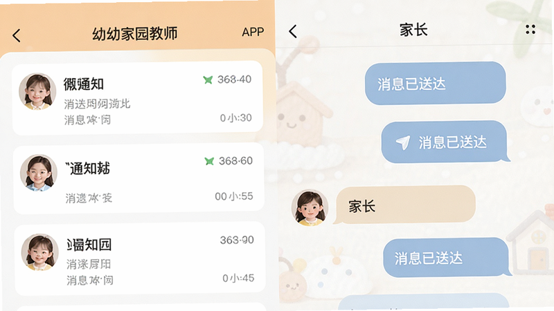 主体为幼幼家园教师APP的消息交流界面,布局为左右分栏,左侧为教师发送的通知卡片,右侧为家长回复的气泡框,排版简洁明了,风格温馨亲切,细节包含时间戳和已读标记,画质清晰,干净无水印,文字显示为'消息已送达'