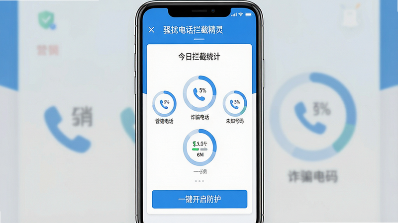 һ��չʾ��ɧ�ŵ绰���ؾ��顱����������ĸ����ͼ������Ϊ�ֻ���Ļ��ֱ��ͼ��������ʾӦ�����ơ�ɧ�ŵ绰���ؾ��顱���м�����չʾ����������ͳ�ơ��Ǳ��̣���������Բ��ͼ���ֱ������Ӫ���绰������թƭ�绰���͡�δ֪���롱���ײ��С�һ��������������ɫ��ť��������Ϊ��ƽ��UI��ƣ�ɫ���ԿƼ����Ͱ�ɫΪ���������������޶���Ԫ��