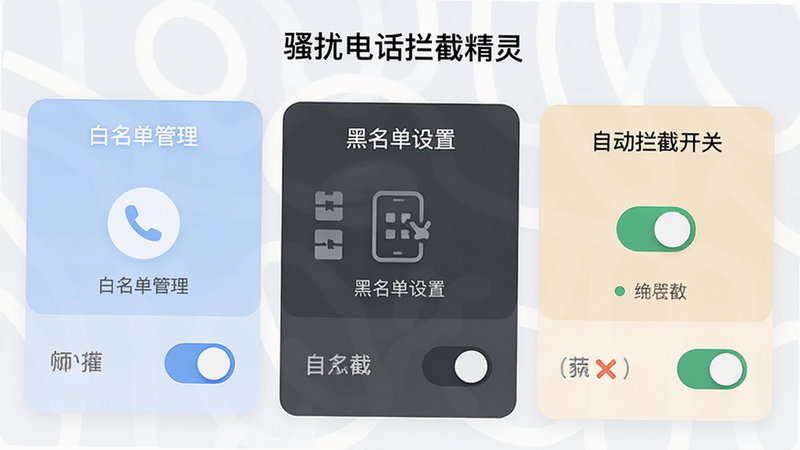 չʾ��ɧ�ŵ绰���ؾ��顱���ý����ʾ��ͼ����Ļ��Ϊ�������ֱ��ע���������������������������á��͡��Զ����ؿ��ء���ÿ��������м���ͼ��Ϳ��ؿؼ���������������ɫ����ͣ�ͻ�������ı���ԣ����ʸ���