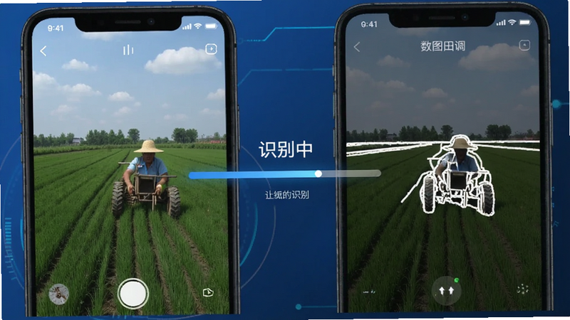 ����Ϊ�ֻ�APP�������棬չʾ��Ƭʶ����̣����Ϊԭʼũ����Ƭ���Ҳ�Ϊʶ���İ�ɫ�߽����������м��м��ؽ����������Ƽ��У���ɫ����ϸ�����������ְ���'ʶ����'��'��ͼ���'