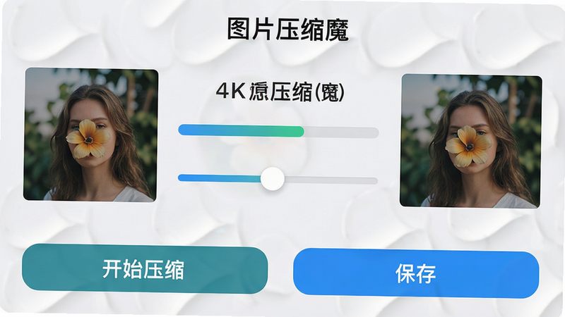 主体为一款名为“图片压缩魔”的手机应用界面预览图,布局采用简洁的扁平化设计,左侧显示原图缩略图,右侧显示压缩后对比图,中间有明显的进度条和滑块调节质量,底部有两个醒目的按钮“开始压缩”和“保存”,背景为干净的浅灰色,风格现代简约,细节处体现高清质感,画质4K,干净无多余元素,文字清晰可见为“图片压缩魔”