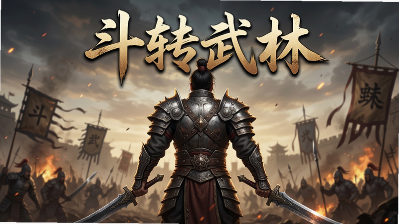 主体为一款名为“斗转武林”的安卓手游宣传海报,布局采用居中构图,排版简洁大气,风格为写实魔幻风,细节丰富,画面中央是身穿重甲持刀的战士背影,背景是烽火连天的古战场,上方有醒目的“斗转武林”字样,画质高清,干净无多余元素