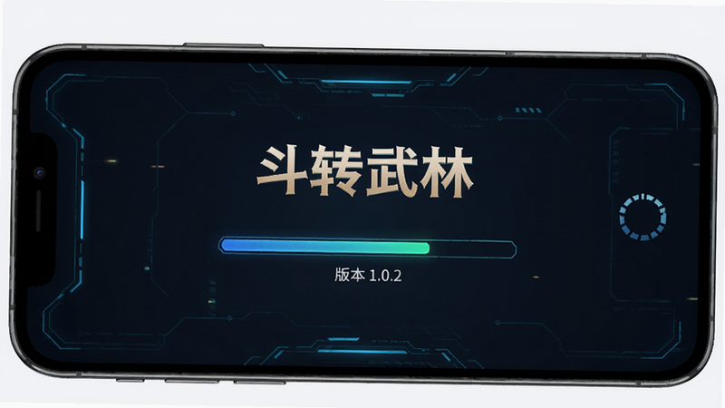 主体为手机屏幕显示“斗转武林”游戏加载界面,布局居中,排版简洁,风格为科技感UI,细节显示进度条与版本号1.0.2,画质清晰,干净无多余元素