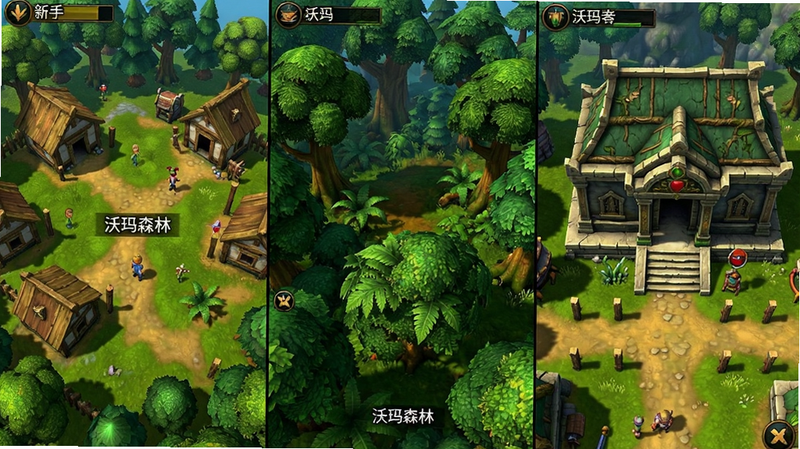 游戏地图截图展示,画面分为三个部分,左侧是新手村的安全区域,中间是茂密的沃玛森林,右侧是沃玛寺庙的入口。视角为俯视,色彩鲜艳,光影效果逼真。主体为游戏场景,布局清晰,排版整齐,风格为游戏内截图风格,细节清晰,画质高清,干净无UI遮挡,文字“沃玛森林”以小字标注在对应区域。