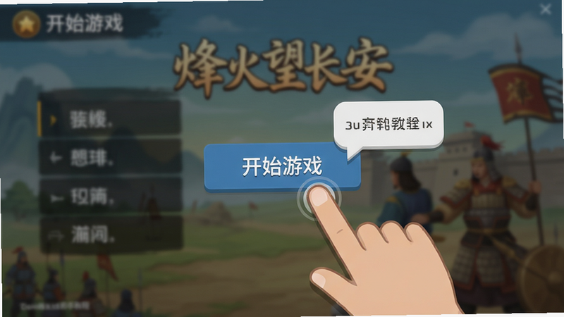 烽火望长安新手教程界面,主体为手指点击屏幕的指引图标,背景为游戏主菜单模糊化,布局引导视线至中心按钮,排版简洁,风格为扁平化UI,细节包含提示气泡,画质清晰,干净,文字