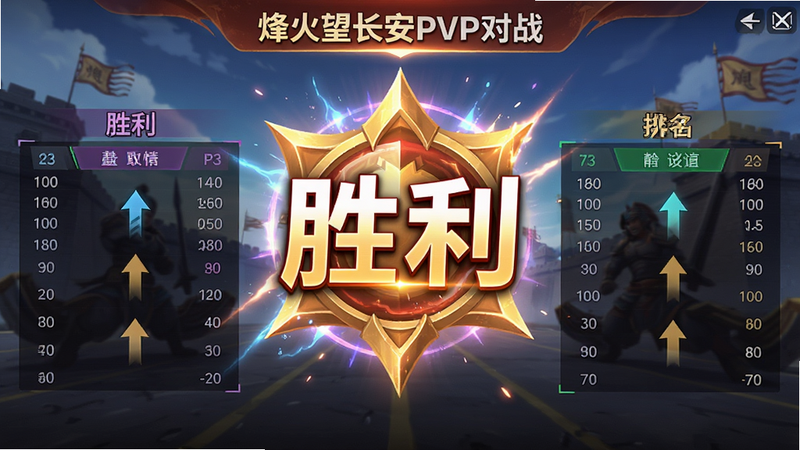 烽火望长安PVP对战结算画面,主体为胜利标志与双方数据对比,布局中心突出,排版对称,风格为炫彩特效,细节显示排名变化箭头,画质明亮,干净,文字