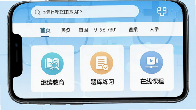 ����Ϊ�ֻ���Ļ���棬��ʾ��ҽĵ����ҽ��APP��ҳ���������������͵����˵����м�չʾ���������������������ϰ���������߿γ̡��Ⱥ��Ĺ���ģ��ͼ�꣬����Ϊǳ��ɫҽ�Ʒ�񽥱䣬�Ű����룬������������������㣬�ɾ��޶���Ԫ��