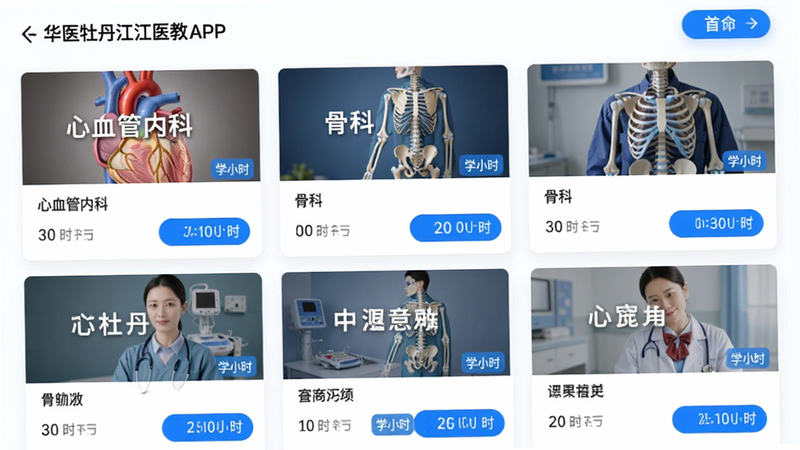 չʾ��ҽĵ����ҽ��APP�Ŀγ��Ƽ�ҳ�棬�б�����ʾ��ͬ���ҵĿγ̿�Ƭ���硰��Ѫ���ڿơ������ǿơ��ȣ�ÿ����Ƭ���з���ͼ��ѧʱ��ǣ�������ð�ɫ��������ɫ������ť�����ֹ���������������������Ӱ���