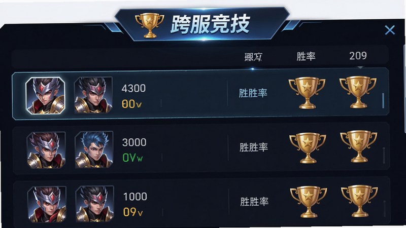 主体为漫斗纪元PVP排行榜界面,展示玩家头像、胜率和奖杯,布局列表式,顶部有奖杯图标,风格为现代游戏UI,细节发光效果,画质清晰,干净,无多余元素,文字