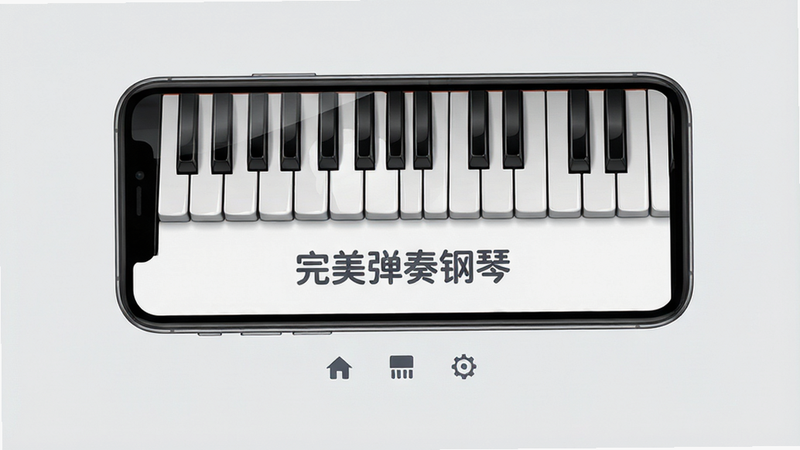 主体为一部现代智能手机悬浮在纯净的浅灰色背景中央,屏幕显示“完美弹奏钢琴”应用界面,上方是清晰的黑色琴键区域,下方排列着简洁的功能图标,布局对称均衡,排版留白适度,风格为极简主义扁平化设计,细节处展现琴键的光泽质感与屏幕的高清像素感,画质4k,干净,无多余元素,文字内容为