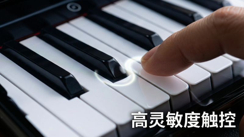 主体为手机屏幕特写,聚焦于钢琴键盘区域,手指正在触摸黑白琴键,布局紧凑有序,排版突出交互感,风格为写实摄影风格,细节展示手指按压琴键的微小形变与屏幕触控的高亮反馈,画质极高,清晰锐利,干净,无多余元素,文字内容为
