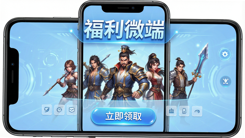 一张展示“大王请上阵福利微端”安卓应用界面的概念图。主体是手机屏幕,显示游戏大厅,背景为淡蓝色科技风。布局上,顶部有醒目的“福利微端”标题,中间是游戏角色立绘,底部是“立即领取”的大按钮。排版整齐,风格现代简约。细节处有光泽反射,画质高清,无多余元素,干净清爽。