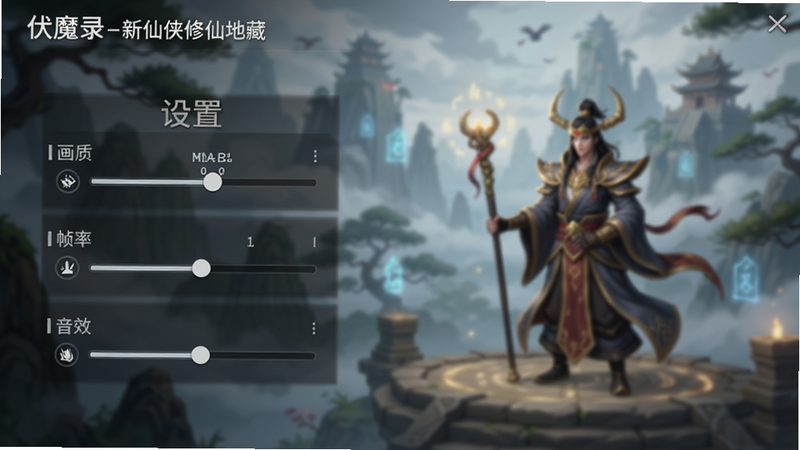 主体为“伏魔录-新仙侠修仙地藏”设置界面,布局展示游戏内的画质、帧率、音效调节滑块,背景为模糊的修仙场景,风格简洁现代,细节清晰,文字