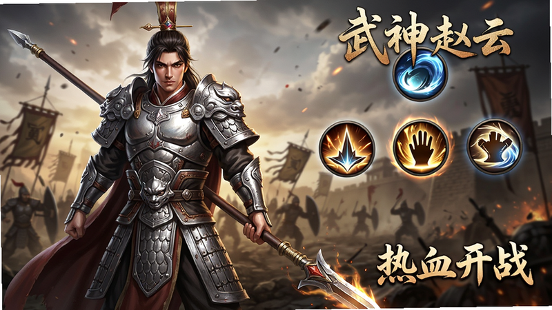 主体为《武神赵云》游戏主界面,布局采用横向全景构图,左侧展示身穿银色铠甲、手持长枪的赵云角色立绘,右侧排列着五个发光的技能图标,背景是战火纷飞的古代战场,风格为写实奇幻风,细节丰富,铠甲纹理清晰,光影效果强烈,画质超高清,干净无多余元素,文字包含