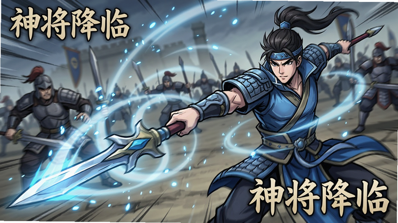 主体为游戏战斗场景特写,布局为动态对角线构图,赵云角色正在释放龙卷风般的长枪技能,周围环绕着蓝色的能量粒子,背景虚化显示其他敌军士兵,风格为动感动漫风,细节强调速度线与冲击力,画质高清,无杂乱背景,文字包含