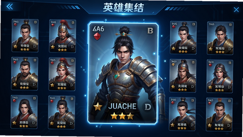 主体为游戏角色选择界面,布局为网格状卡片展示,赵云角色卡片居中放大发光,周围环绕其他武将小图标,背景为深蓝色科技感界面,风格为现代UI设计,细节显示角色等级与星级,画质清晰,无多余装饰,文字包含