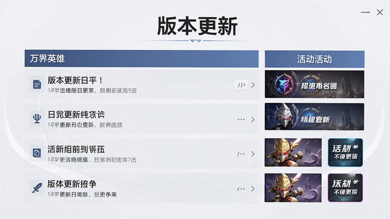 《万界英雄》版本更新公告界面,展示更新日志与活动图标,布局列表式,排版清晰,风格为简约商务风,细节规范,画质清晰,干净背景,文字“版本更新”作为标题