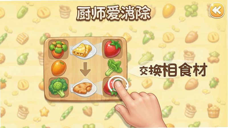 游戏《厨师爱消除》的教程界面,显示一个手指正在演示交换食材的动作,旁边有文字提示